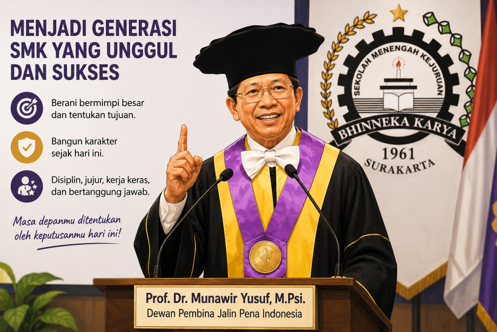 ilustrasi Prof. Dr. Munawir Yusuf, M.Psi., Dewan Pembina Jalin Pena Indonesia, memberikan pembekalan kepada siswa baru SMK Bhineka Karya Surakarta